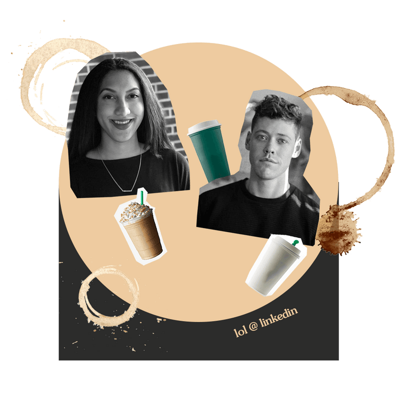 professional linkedin headshots of amanda fields and brendan smith with coffee cups